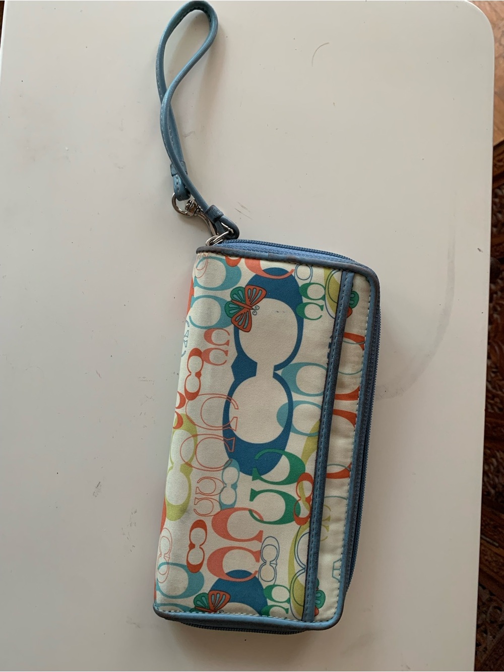 Rare Coach Optic Butterfly Multicolor Signature Wristlet Clutch with Blue Trim